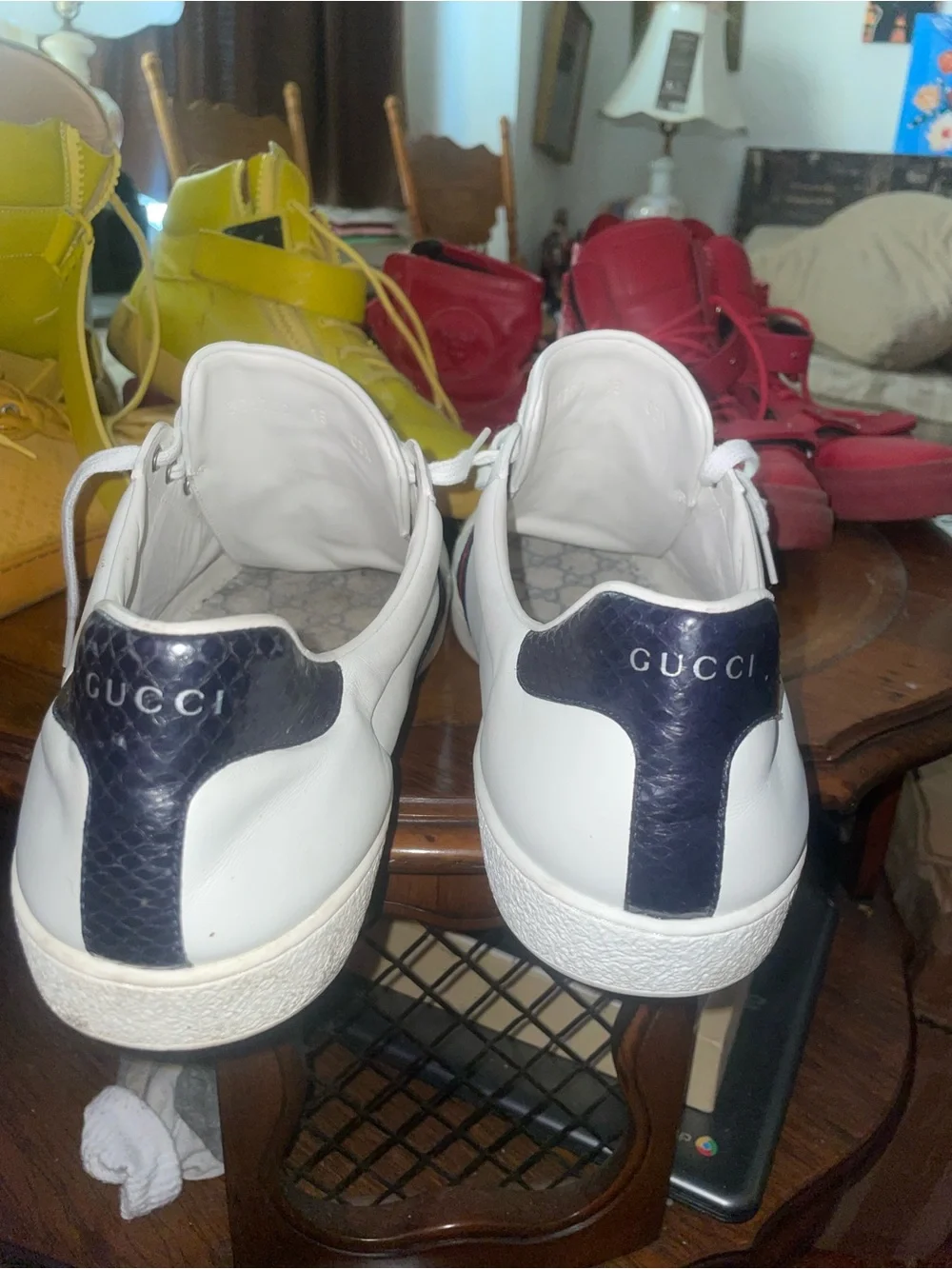 Gucci White Leather Sneakers with Red & Navy Web Stripe